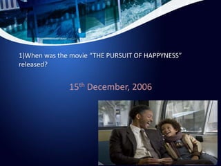 1)When was the movie “THE PURSUIT OF HAPPYNESS”
released?
15th December, 2006
 
