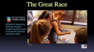 2.40 mins
School of Veterinary
Science O week
student activity to get
to know the campus
and each other
The Great Race
 