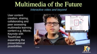 Multimedia of the Future
User content
creation, sharing,
collaborating and
peer assessing
multimedia learning
content e.g. iMovie,
Keynote with
TouchCast
expanding the
presentational
possibilities.
Interactive video and beyond
2.23 mins
 