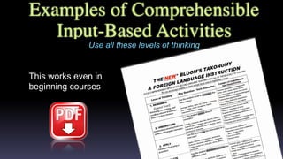 Examples of Comprehensible
Input-Based Activities
This works even in
beginning courses
Use all these levels of thinking
 