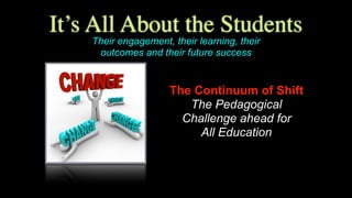 The Continuum of Shift
The Pedagogical
Challenge ahead for  
All Education
It’s All About the Students
Their engagement, their learning, their
outcomes and their future success
 