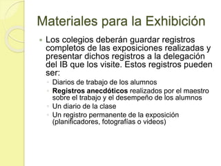 Materiales para la Exhibición
 Los colegios deberán guardar registros
completos de las exposiciones realizadas y
presentar dichos registros a la delegación
del IB que los visite. Estos registros pueden
ser:
◦ Diarios de trabajo de los alumnos
◦ Registros anecdóticos realizados por el maestro
sobre el trabajo y el desempeño de los alumnos
◦ Un diario de la clase
◦ Un registro permanente de la exposición
(planificadores, fotografías o videos)
 