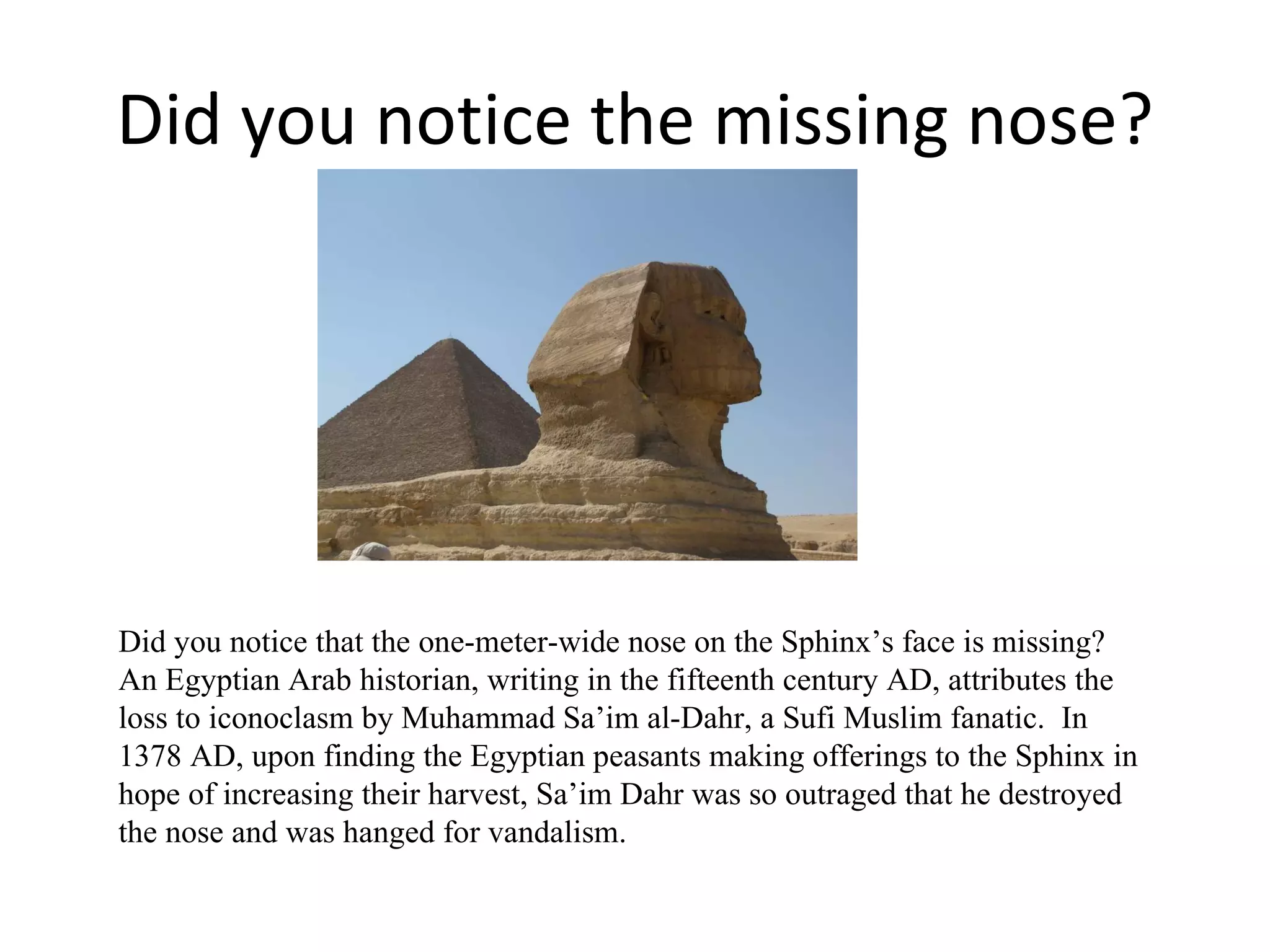 Did you notice the missing nose? Did you notice that the one-meter-wide nose on the Sphinx’s face is missing? An Egyptian Arab historian, writing in the fifteenth century AD, attributes the loss to iconoclasm by Muhammad Sa’im al-Dahr, a Sufi Muslim fanatic.  In 1378 AD, upon finding the Egyptian peasants making offerings to the Sphinx in hope of increasing their harvest, Sa’im Dahr was so outraged that he destroyed the nose and was hanged for vandalism.  