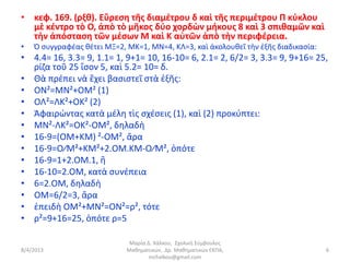 • κεφ. 169. (ρξθ). Εὕρεση τῆς διαμέτρου δ καὶ τῆς περιμέτρου Π κύκλου
  μὲ κέντρο τὸ Ο, ἀπὸ τὸ μῆκος δύο χορδὼν μήκους 8 καὶ 3 σπιθαμῶν καὶ
  τὴν ἀπόσταση τῶν μέσων Μ καὶ Κ αὐτῶν ἀπὸ τὴν περιφέρεια.
•   Ὁ συγγραφέας θέτει ΜΞ=2, ΜΚ=1, ΜΝ=4, ΚΛ=3, καὶ ἀκολουθεῖ τὴν ἑξῆς διαδικασία:
• 4.4= 16, 3.3= 9, 1.1= 1, 9+1= 10, 16-10= 6, 2.1= 2, 6/2= 3, 3.3= 9, 9+16= 25,
  ρίζα τοῦ 25 ἴσον 5, καὶ 5.2= 10= δ.
• Θὰ πρέπει νὰ ἔχει βασιστεῖ στὰ ἑξῆς:
• ΟΝ²=ΜΝ²+ΟΜ² (1)
• ΟΛ²=ΛΚ²+ΟΚ² (2)
• Ἀφαιρώντας κατὰ μέλη τὶς σχέσεις (1), καὶ (2) προκύπτει:
• ΜΝ²-ΛΚ²=ΟΚ²-ΟΜ², δηλαδὴ
• 16-9=(ΟΜ+ΚΜ) ²-ΟΜ², ἄρα
• 16-9=Ο⁄Μ²+ΚΜ²+2.ΟΜ.ΚΜ-Ο⁄Μ², ὁπότε
• 16-9=1+2.ΟΜ.1, ἢ
• 16-10=2.ΟΜ, κατὰ συνέπεια
• 6=2.ΟΜ, δηλαδὴ
• ΟΜ=6/2=3, ἄρα
• ἐπειδὴ ΟΜ²+ΜΝ²=ΟΝ²=ρ², τότε
• ρ²=9+16=25, ὁπότε ρ=5

                              Μαρία Δ. Χάλκου, Σχολική Σύμβουλος
8/4/2013                     Μαθηματικών, Δρ. Μαθηματικών ΕΚΠΑ,                     6
                                     mchalkou@gmail.com
 