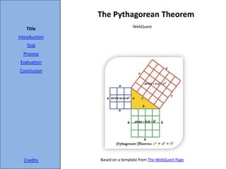 The Pythagorean Theorem
                               WebQuest
   Title
Introduction
   Task
  Process
Evaluation
Conclusion




  Credits      Based on a template from The WebQuest Page
 