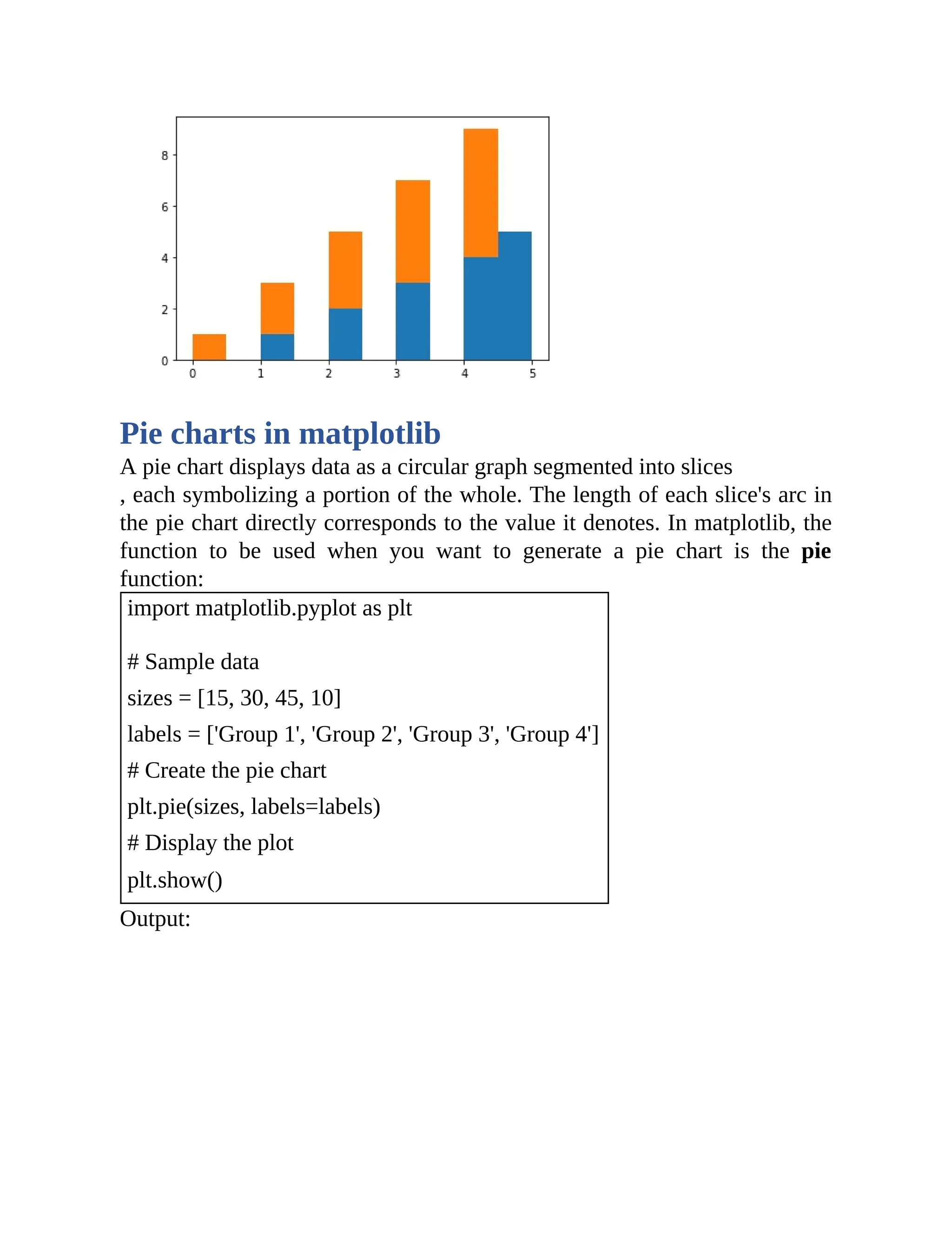 Pie charts in matplotlib A pie chart displays data as a circular graph segmented into slices , each symbolizing a portion of the whole. The length of each slice's arc in the pie chart directly corresponds to the value it denotes. In matplotlib, the function to be used when you want to generate a pie chart is the pie function: import matplotlib.pyplot as plt # Sample data sizes = [15, 30, 45, 10] labels = ['Group 1', 'Group 2', 'Group 3', 'Group 4'] # Create the pie chart plt.pie(sizes, labels=labels) # Display the plot plt.show() Output: 