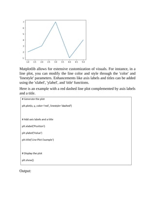 Matplotlib allows for extensive customization of visuals. For instance, in a
line plot, you can modify the line color and style through the 'color' and
'linestyle' parameters. Enhancements like axis labels and titles can be added
using the 'xlabel', 'ylabel', and 'title' functions.
Here is an example with a red dashed line plot complemented by axis labels
and a title.
Output:
 