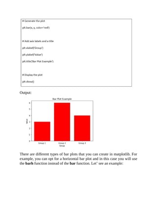 Output:
There are different types of bar plots that you can create in matplotlib. For
example, you can opt for a horizontal bar plot and in this case you will use
the barh function instead of the bar function. Let’ see an example:
 