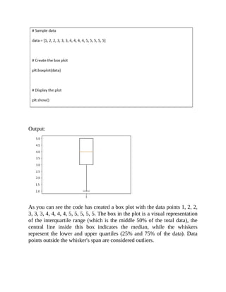 Output:
As you can see the code has created a box plot with the data points 1, 2, 2,
3, 3, 3, 4, 4, 4, 4, 5, 5, 5, 5, 5. The box in the plot is a visual representation
of the interquartile range (which is the middle 50% of the total data), the
central line inside this box indicates the median, while the whiskers
represent the lower and upper quartiles (25% and 75% of the data). Data
points outside the whisker's span are considered outliers.
 