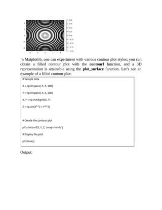 In Matplotlib, one can experiment with various contour plot styles; you can
obtain a filled contour plot with the contourf function, and a 3D
representation is attainable using the plot_surface function. Let’s see an
example of a filled contour plot:
Output:
 