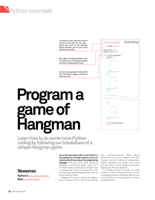 34 The Python Book
Python essentials
IseeASCII
Here’s a close-up of the seven
stages we’ve used for Hangman’s
graphics. Yo...