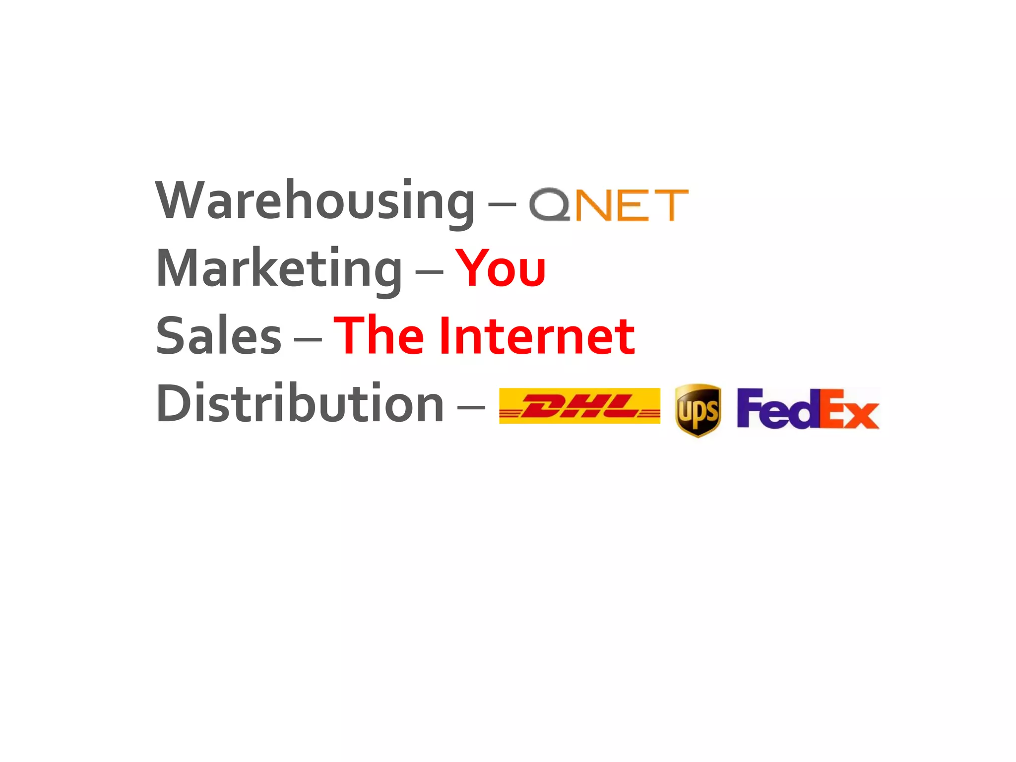 Warehousing –
Marketing – You
Sales – The Internet
Distribution –
 
