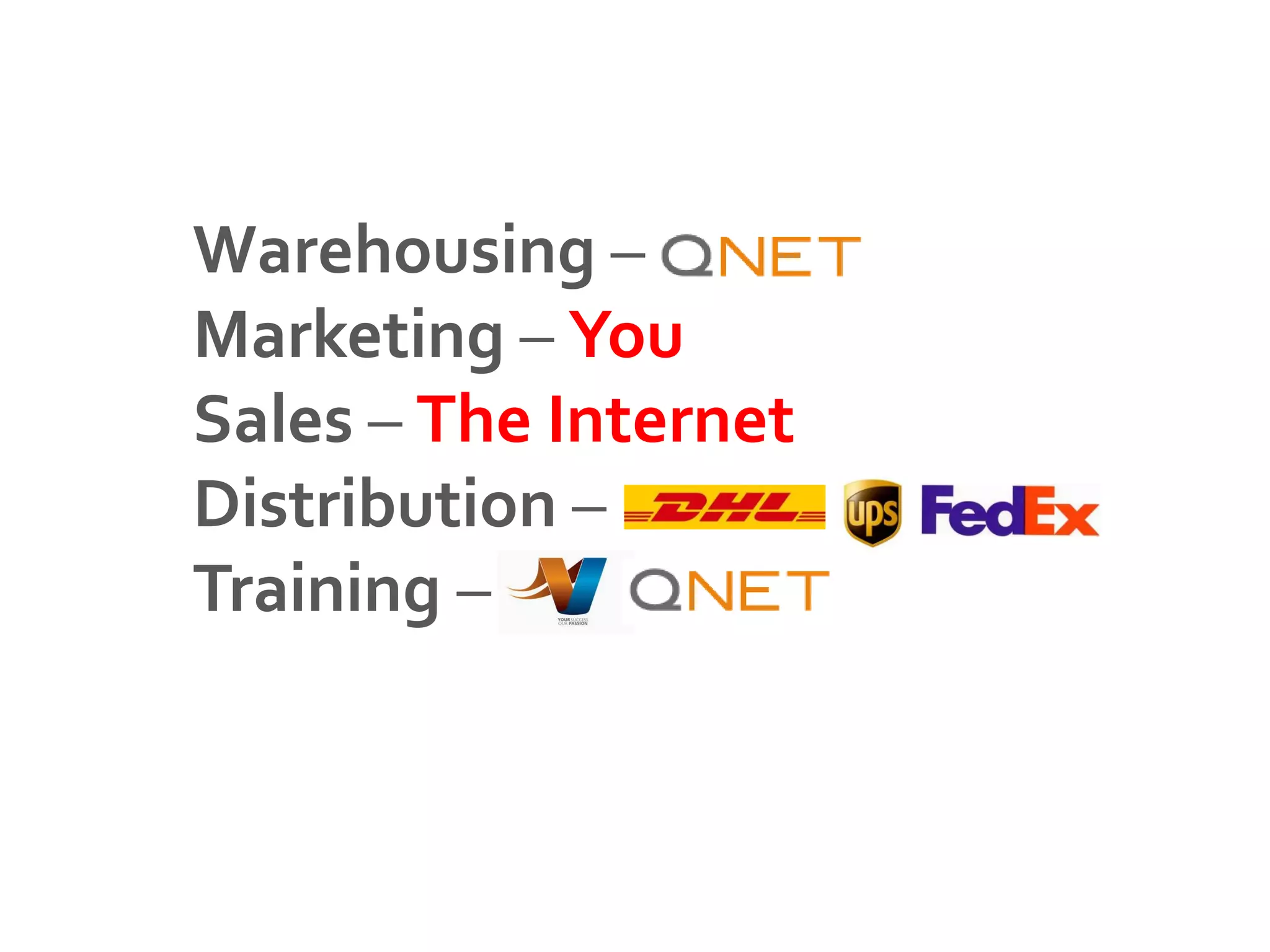Warehousing –
Marketing – You
Sales – The Internet
Distribution –
Training –
 