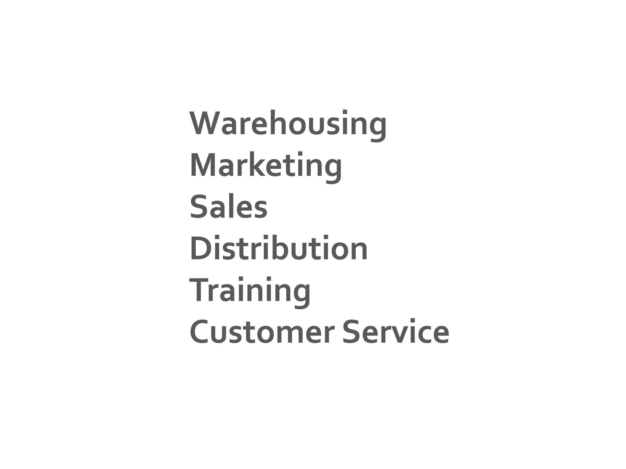 Warehousing
Marketing
Sales
Distribution
Training
Customer Service
 