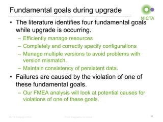 Fundamental goals during upgrade
• The literature identifies four fundamental goals
  while upgrade is occurring.
        – Efficiently manage resources
        – Completely and correctly specify configurations
        – Manage multiple versions to avoid problems with
          version mismatch.
        – Maintain consistency of persistent data.
• Failures are caused by the violation of one of
  these fundamental goals.
        – Our FMEA analysis will look at potential causes for
          violations of one of these goals.


NICTA Copyright 2012       From imagination to impact           16
 