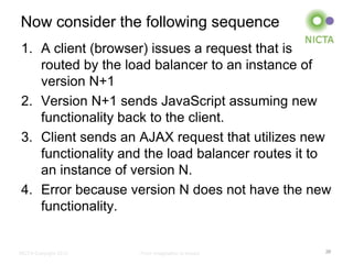 Now consider the following sequence
1. A client (browser) issues a request that is
   routed by the load balancer to an instance of
   version N+1
2. Version N+1 sends JavaScript assuming new
   functionality back to the client.
3. Client sends an AJAX request that utilizes new
   functionality and the load balancer routes it to
   an instance of version N.
4. Error because version N does not have the new
   functionality.


NICTA Copyright 2012   From imagination to impact   26
 