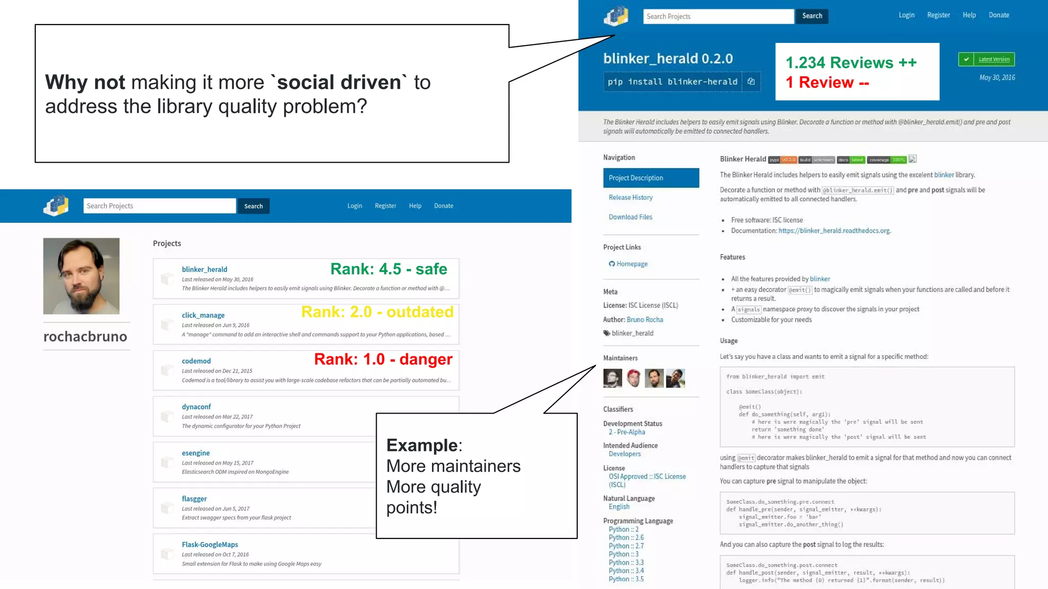 Rank: 4.5 - safe
Rank: 2.0 - outdated
Rank: 1.0 - danger
1.234 Reviews ++
1 Review --Why not making it more `social driven` to
address the library quality problem?
Example:
More maintainers
More quality
points!
 