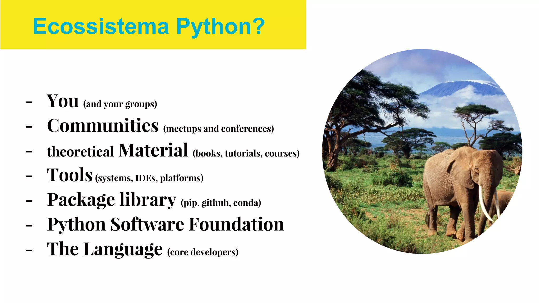 - You (and your groups)
- Communities (meetups and conferences)
- theoretical Material (books, tutorials, courses)
- Tools(systems, IDEs, platforms)
- Package library (pip, github, conda)
- Python Software Foundation
- The Language (core developers)
Ecossistema Python?
 