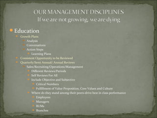 Education
 Growth Plans
 Analysis
 Conversations
 Action Steps
 Learning Plans
 Consistent Opportunity to be Reviewed
 Quarterly/Semi Annual/ Annual Reviews
 Sales/Recruiting/Operations/Management
 Different Reviews/Periods
 Self Reviews For All
 Include Objective and Subjective
 Critical Numbers
 Fulfillment of Value Proposition, Core Values and Culture
 Where do they stand among their peers-drive best in class performance
 Employees
 Managers
 BUMs
 Branches
 