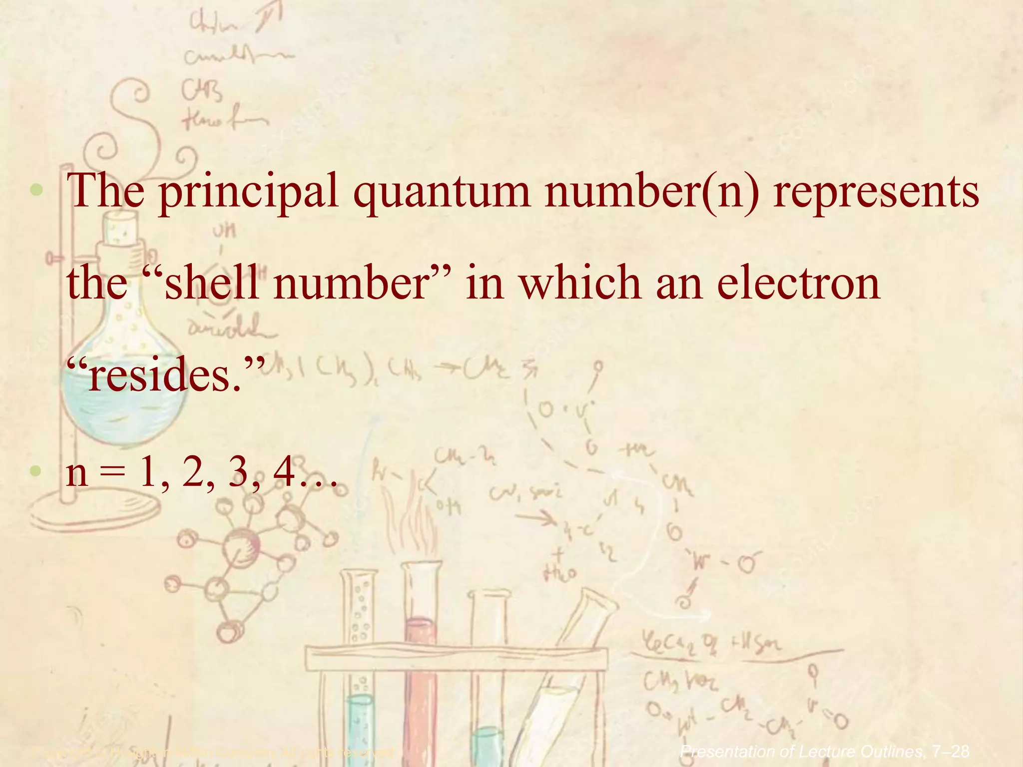 .Copyright © Houghton Mifflin Company.All rights reserved. Presentation of Lecture Outlines, 7–28
• The principal quantum number(n) represents
the “shell number” in which an electron
“resides.”
• n = 1, 2, 3, 4…
 