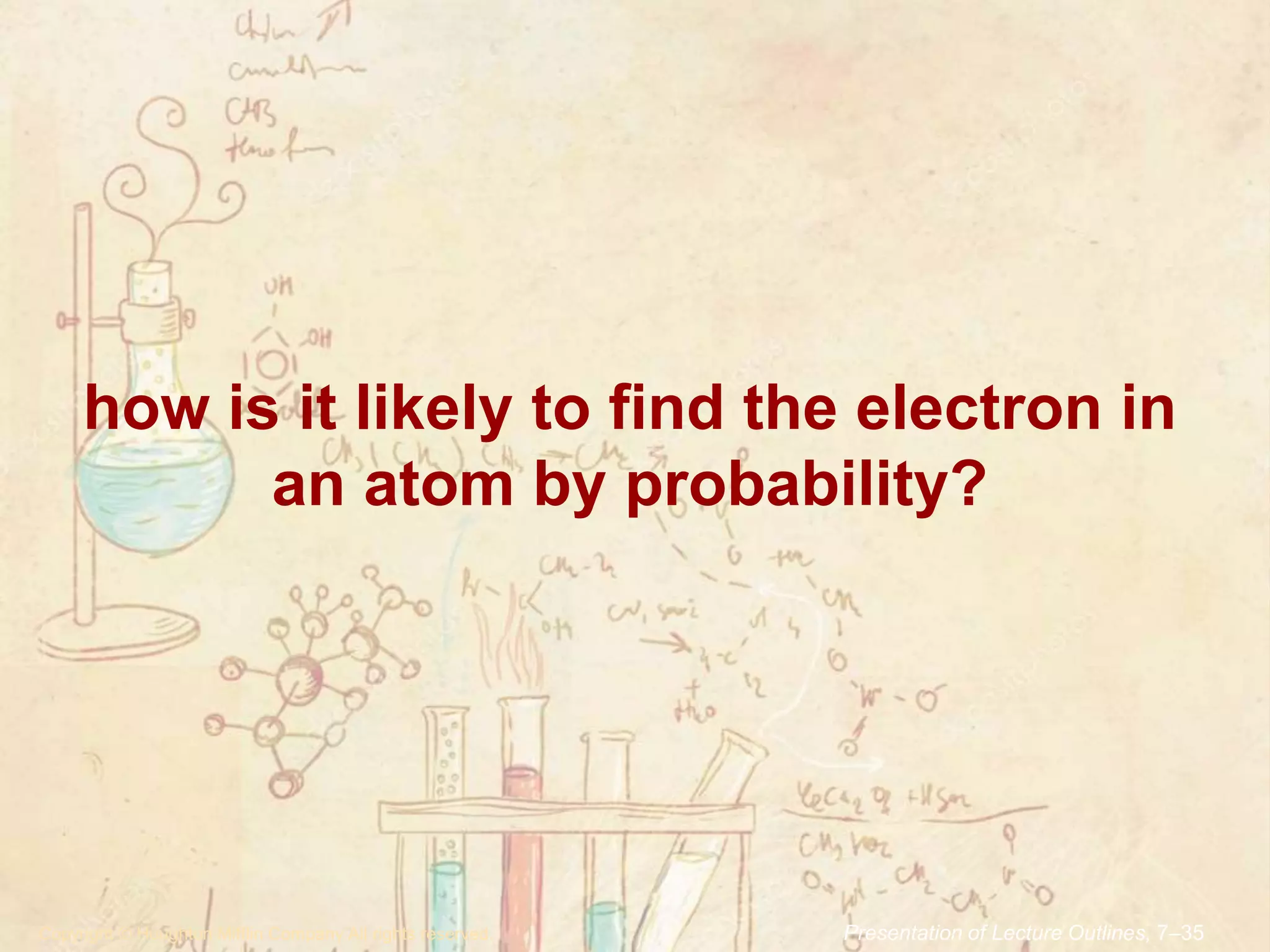 how is it likely to find the electron in
an atom by probability?
.Copyright © Houghton Mifflin Company.All rights reserved. Presentation of Lecture Outlines, 7–35
 