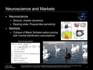 19 Mar 2022
Quantum Mindset
Neuroscience and Markets
6
Sources: Breakspear, M. (2017). Dynamic models of large-scale brain activity. Nat Neurosci. 20:340-52. Taleb, N.N. (2001). Fooled
by Randomness. (2007). The Black Swan: The Impact of the Highly Improbable. New York: Random House.
Black-Scholes Model
 Neuroscience
 Seizure: chaotic dynamics
 Resting state: Floquet-like periodicity
 Markets
 Critique of Black Scholes option pricing
with normal distribution assumptions
 