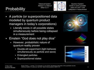 19 Mar 2022
Quantum Mindset
Probability
 A particle (or superpositioned data
modeled by quantum product
managers in today...