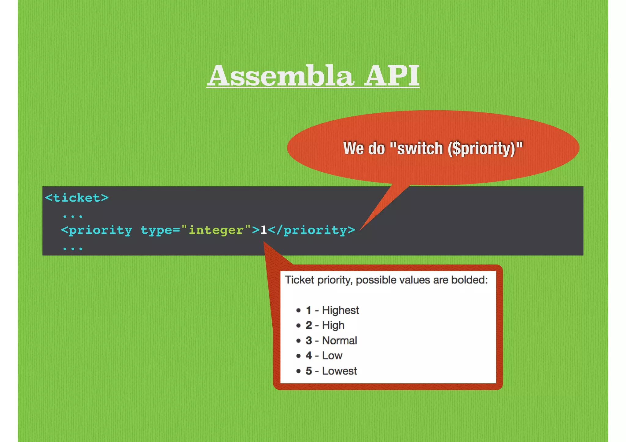 <ticket>!
...!
<priority type="integer">1</priority>!
...
Assembla API
We do "switch ($priority)"
 