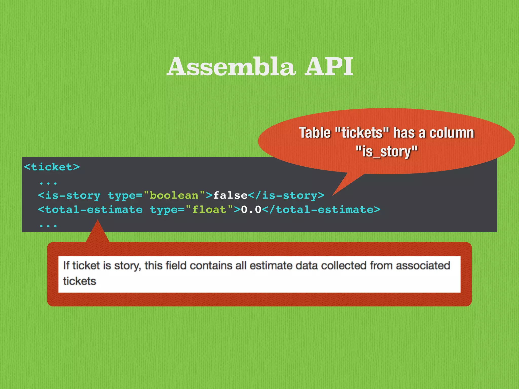 <ticket>
...
<is-story type="boolean">false</is-story>
<total-estimate type="float">0.0</total-estimate>
...
Assembla API
Table "tickets" has a column
"is_story"
 