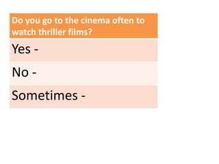 Do you go to the cinema often to
watch thriller films?
Yes -
No -
Sometimes -
 
