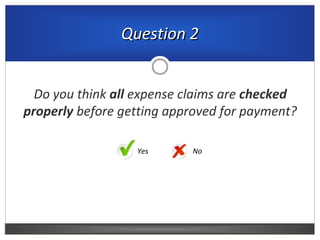 Do you think all expense claims are checked
properly before getting approved for payment?
Question 2Question 2
NoYes
 