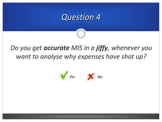 Do you get accurate MIS in a jiffy, whenever you
want to analyse why expenses have shot up?
Question 4Question 4
NoYes
 
