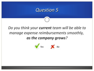 Do you think your current team will be able to
manage expense reimbursements smoothly,
as the company grows?
Question 5Question 5
NoYes
 