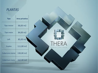 PLANTAS Tipo Area privativa Tipo menor 66,00 m2 Tipo maior 84,00 m2 Loft  85,00 m2 Duplex 111,00 m2 Cobertura menor 130,00 m2 Cobertura maior 162,00 m2 