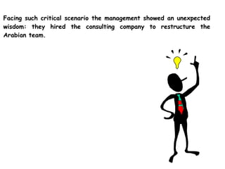 Facing such critical scenario the management showed an unexpected
wisdom: they hired the consulting company to restructure the
Arabian team.
 