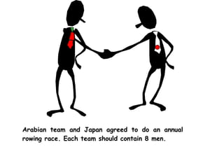 Arabian team and Japan agreed to do an annual
rowing race. Each team should contain 8 men.
 