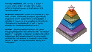 5
Muscle performance. The capacity of muscle to
produce tension and do physical work. Muscle
performance encompasses strength, power, and
muscular endurance.
Neuromuscular control. Interaction of the sensory and
motor systems that enables synergists, agonists and
antagonists, as well as stabilizers and neutralizers to
anticipate or respond to proprioceptive and kinesthetic
information and, subsequently, to work in correct
sequence to create coordinated movement.
Stability. The ability of the neuromuscular system
through synergistic muscle actions to hold a proximal or
distal body segment in a stationary position or to control
a stable base during superimposed movement. Joint
stability is the maintenance of proper alignment of bony
partners of a joint by means of passive and dynamic
components.
 