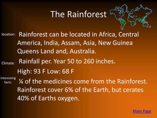 The Rainforest
location:   Rainforest can be located in Africa, Central
            America, India, Assam, Asia, New Guine...