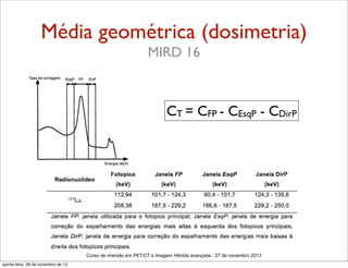 Média geométrica (dosimetria)
MIRD 16

CT = CFP - CEsqP - CDirP

Curso de imersão em PET/CT e Imagem Hibrida avançada - 27 de novembro 2013
quinta-feira, 28 de novembro de 13

 