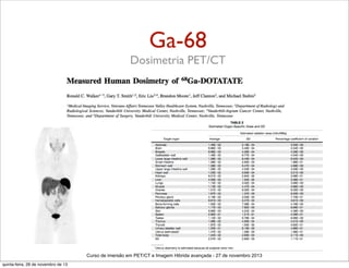 Ga-68
Dosimetria PET/CT

Curso de imersão em PET/CT e Imagem Hibrida avançada - 27 de novembro 2013
quinta-feira, 28 de novembro de 13

 