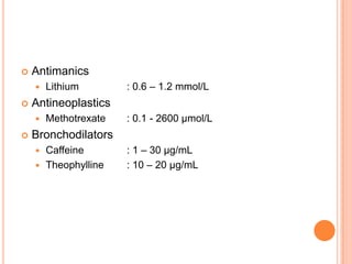  Antimanics
 Lithium : 0.6 – 1.2 mmol/L
 Antineoplastics
 Methotrexate : 0.1 - 2600 µmol/L
 Bronchodilators
 Caffeine : 1 – 30 µg/mL
 Theophylline : 10 – 20 µg/mL
 