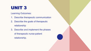 UNIT 3
Learning Outcomes:
1. Describe therapeutic communication
2. Describe the goals of therapeutic
relationship
3. Descr...