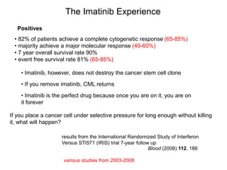 The Imatinib Experience
• 82% of patients achieve a complete cytogenetic response (65-85%)
• majority achieve a major mole...