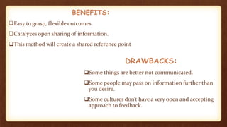 BENEFITS:
Easy to grasp, flexible outcomes.
Catalyzes open sharing of information.
This method will create a shared reference point
DRAWBACKS:
Some things are better not communicated.
Some people may pass on information further than
you desire.
Some cultures don’t have a very open and accepting
approach to feedback.
 