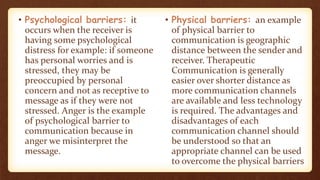 • Psychological barriers: it
occurs when the receiver is
having some psychological
distress for example: if someone
has personal worries and is
stressed, they may be
preoccupied by personal
concern and not as receptive to
message as if they were not
stressed. Anger is the example
of psychological barrier to
communication because in
anger we misinterpret the
message.
• Physical barriers: an example
of physical barrier to
communication is geographic
distance between the sender and
receiver. Therapeutic
Communication is generally
easier over shorter distance as
more communication channels
are available and less technology
is required. The advantages and
disadvantages of each
communication channel should
be understood so that an
appropriate channel can be used
to overcome the physical barriers
 