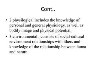 Cont..
• 2.physilogical includes the knowledge of
personal and general physiology, as well as
bodily image and physical potential.
• 3.environmental : consists of social-cultural
environment relationships with ithers and
knowledge of the relationship between huma
and nature.
 