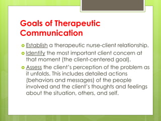 Goals of Therapeutic 
Communication 
 Establish a therapeutic nurse-client relationship. 
 Identify the most important client concern at 
that moment (the client-centered goal). 
 Assess the client’s perception of the problem as 
it unfolds. This includes detailed actions 
(behaviors and messages) of the people 
involved and the client’s thoughts and feelings 
about the situation, others, and self. 
 