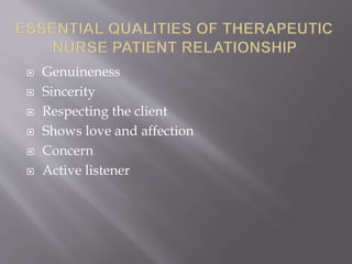 Genuineness
 Sincerity
 Respecting the client
 Shows love and affection
 Concern
 Active listener
 