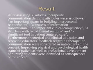 After assessing 30 articles, therapeutic
communication defining attributes were as follows:
“an important means in building interpersonal
relationships”, “a process of information
transmission”, “an important clinical competency”, “a
structure with two different sections” and “a
significant tool in patient centered care”.
Furthermore, theoretical and clinical education and
receiving educators’ feedback regarding therapeutic
communication were considered as antecedents of the
concept. Improving physical and psychological health
status of patient as well as professional development
of nursing students were identified as consequences
of the concept.
 