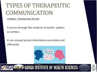 TYPES OF THERAPEUTIC
COMMUNICATION
VERBAL COMMUNICATION
It occurs through the medium of words- spoken,
or written.
It can convey factual information accurately and
efficiently.
 